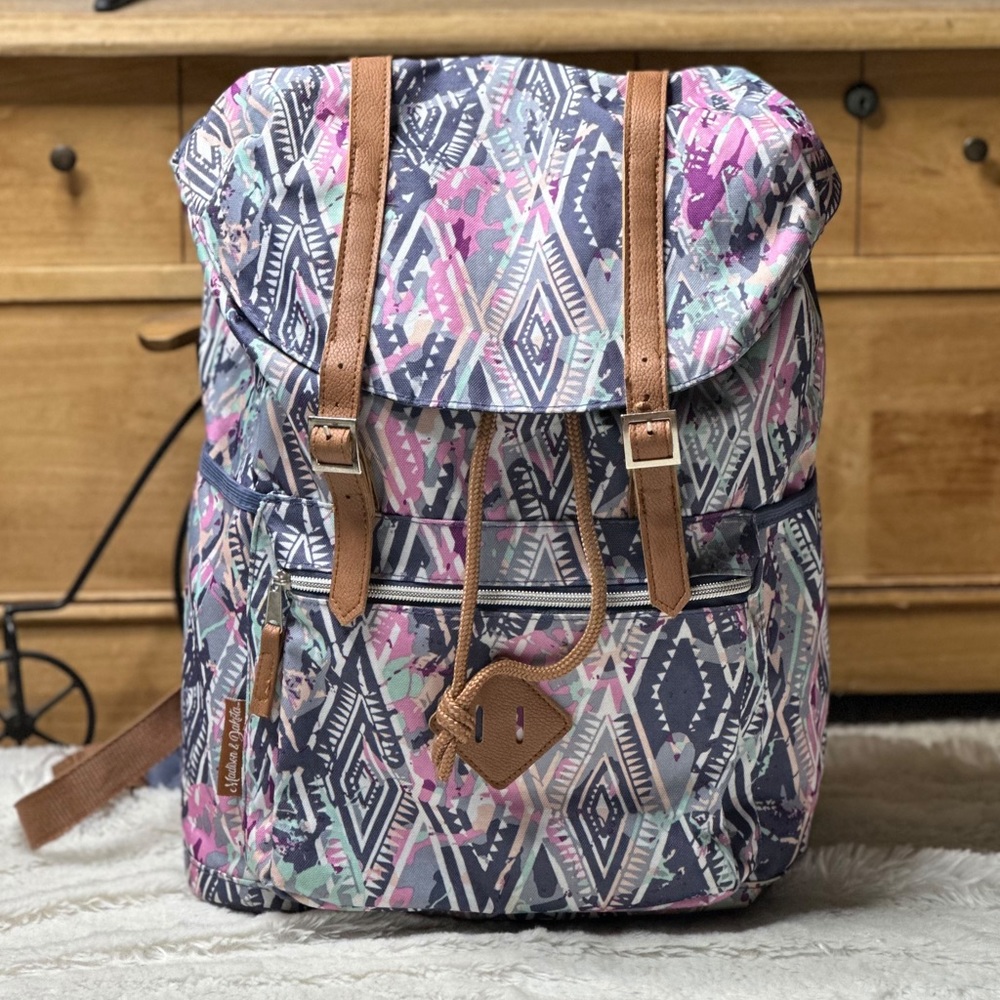 Madison & Dakota Aztec Tribal Print Flap Top Backpack Pink Blue